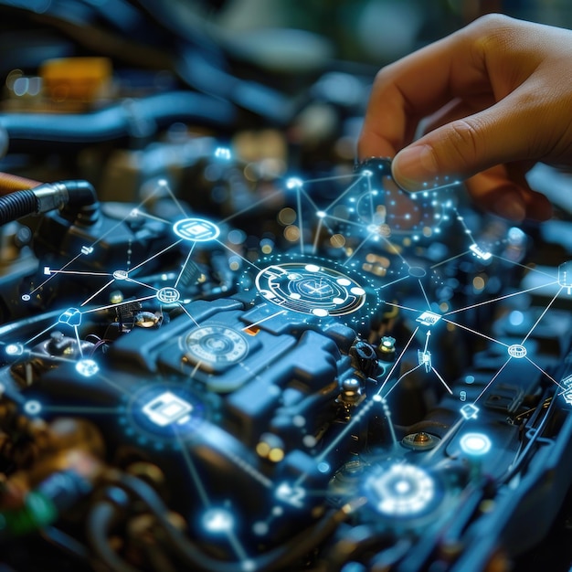 Photo an automotive mechanics hand holds a car repair icon with digital holography