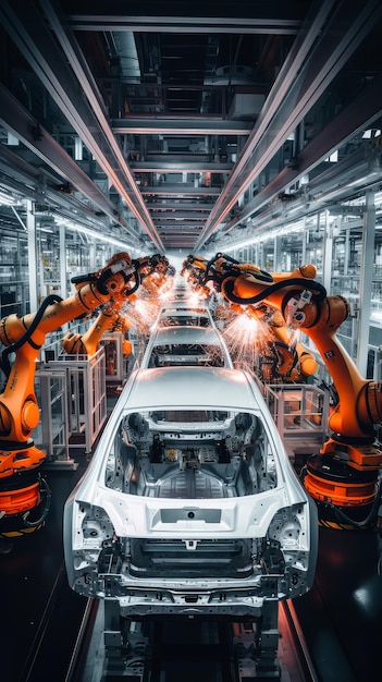 An automotive production line with robotic arms in a high technology assembly plant