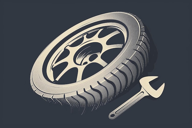 Photo automotive repair illustration wheel and tools cartoon graphic featuring wrenches