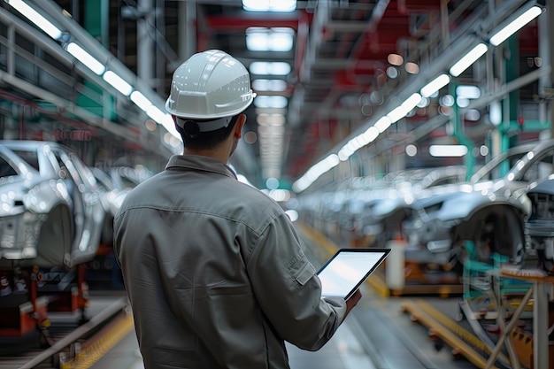 An automotive technician attentively reviews a checklist on a tablet while inspecting a new car in an industrial factory setting