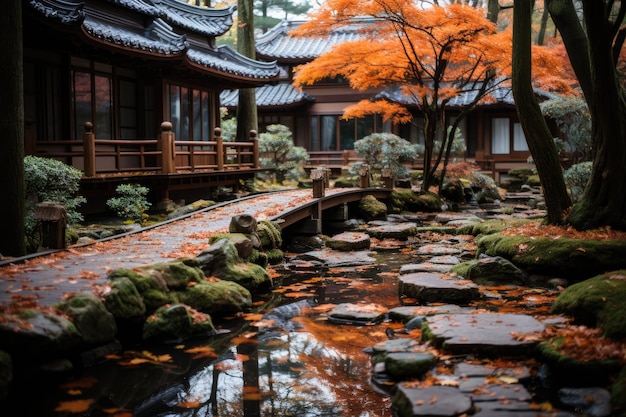 Autonal Japanese garden with onboard trees in orange shades generative IA