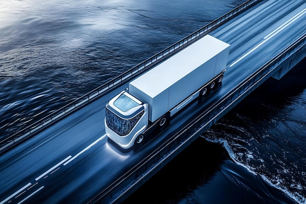 Photo autonomous ai truck crossing bridge the future of selfdriving cargo delivery and transportation