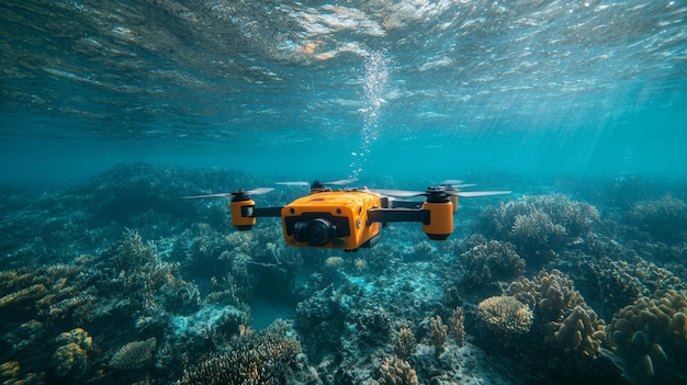 Photo autonomous aiguided underwater drones collecting data for oceanographic research drones mapping the ocean floor and analyzing water samples to study climate change impacts