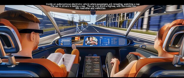 Photo autonomous car interior with relaxed passengers