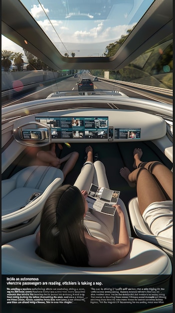 Photo autonomous car interior with relaxed passengers