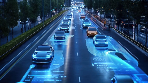 Autonomous Cars Driving on a City Street at Night with Blue Light Projections