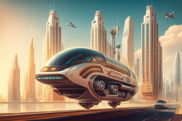 Autonomous city transport speeding past a futuristic skyline with skyscrapers and flying cars