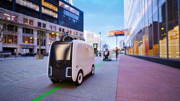 Autonomous delivery robot driverless on street Smart vehicle technology concept 3d render