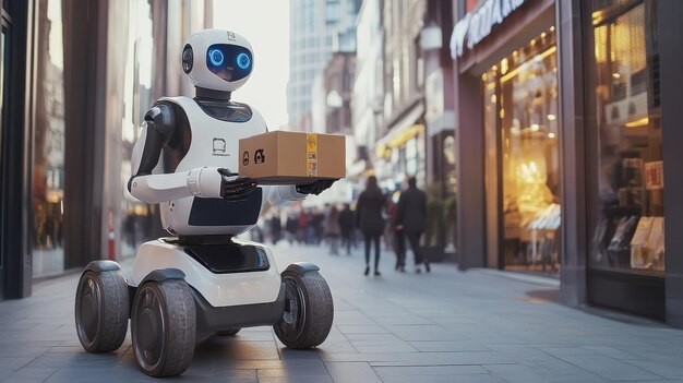 Photo autonomous delivery robot navigating urban street with package in modern cityscape