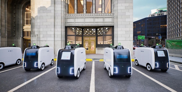 Autonomous delivery robot wait for orders in front of store Smart logistics technology concept 3d render