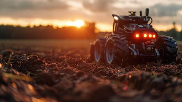 Autonomous farm robot at sunset in a plowed field