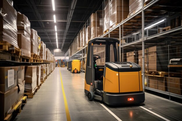 Autonomous forklift moving pallets in aisle