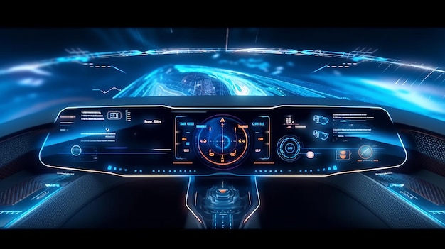 Autonomous futuristic car dashboard concept with HUD and hologram screens and infotainment system