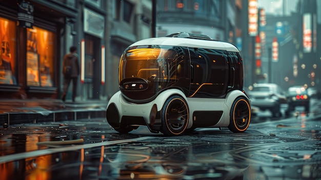 Autonomous Futuristic Vehicle on Wet Urban Street at Night with Neon Lights