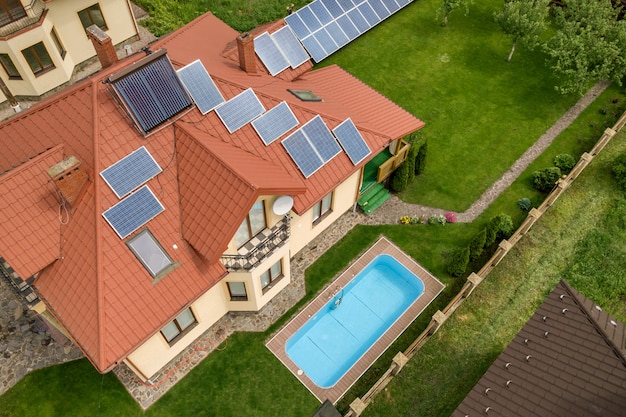 Autonomous house with solar panels and water heating radiators on the roof