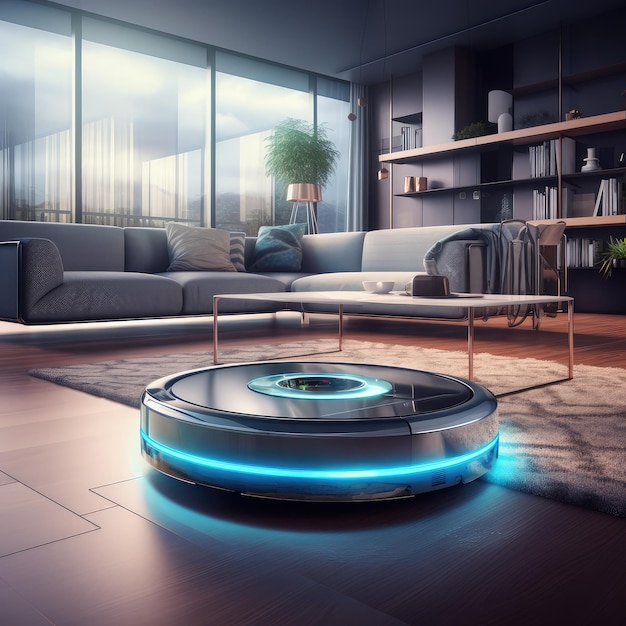 Autonomous robot cleaner vacuuming a living room