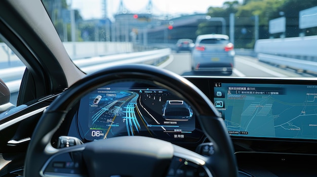 Autonomous self driving car showing navigation system on dashboard