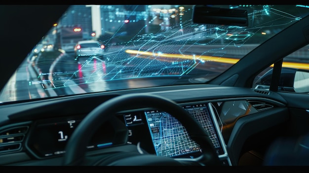 Autonomous self driving car showing navigation system on windshield in city at night