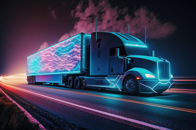 Autonomous semi truck with cargo trailer driving at night on the road while sensors scan the surroundings is a futuristic technology concept Effects of Self Driving Truck on Freeway Digitalization