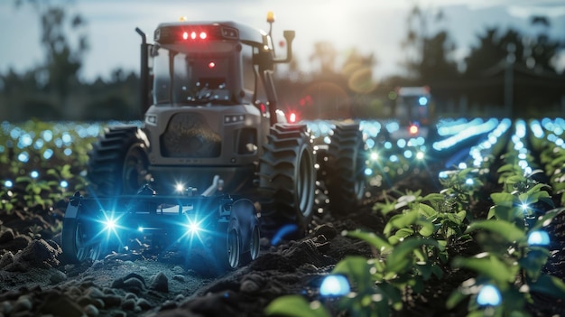 Photo an autonomous tractor working in a field at sunrise showcasing modern agricultural technology aig