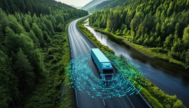 Photo autonomous truck on road surrounded by lush greenery and digital sound waves