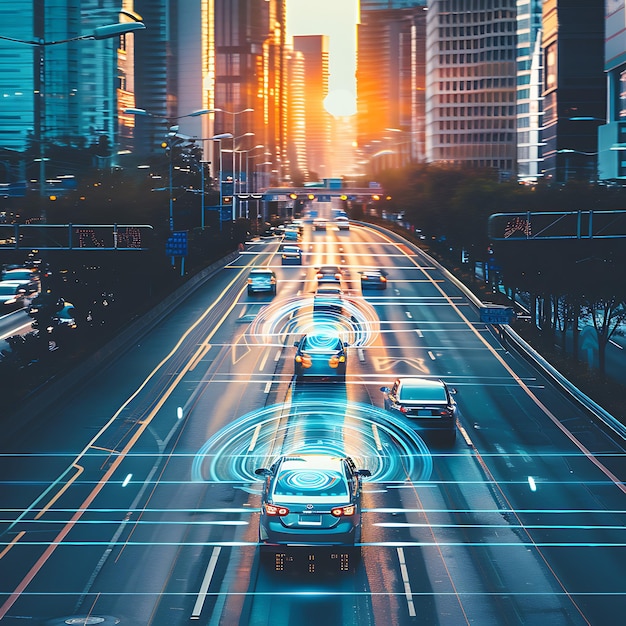 Photo autonomous vehicle driving on city street with futuristic technology