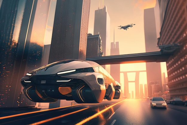 Autonomous vehicle ferrying passengers between buildings in futuristic cityscape