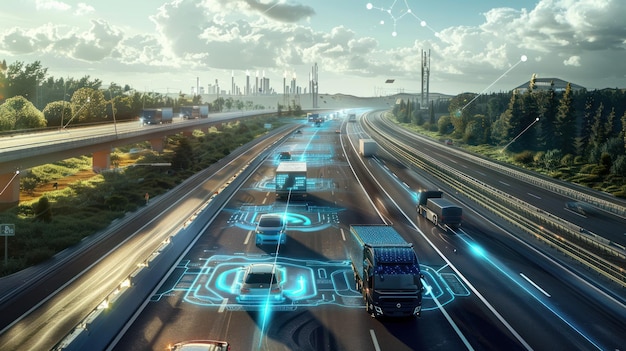 Photo autonomous vehicles on a futuristic highway