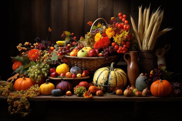 Autumn abundance on a rustic wood table display