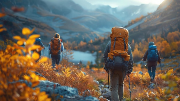 Autumn Adventure Friends Hiking in Colorful Mountain Landscape Captured with Sony A7III Photography