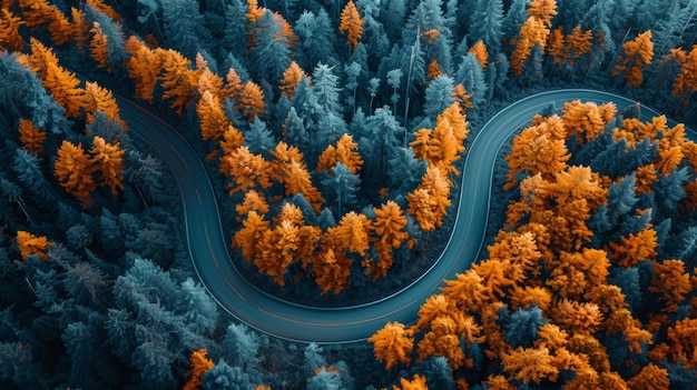 Autumn aerial view of a road winding through a Pacific Northwest forest