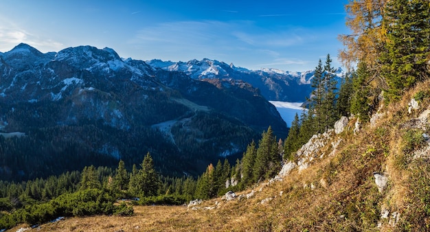 Autumn Alps mountain misty morning view from Jenner Viewing Platform Schonau am Konigssee Berchtesgaden national park Bavaria Germany