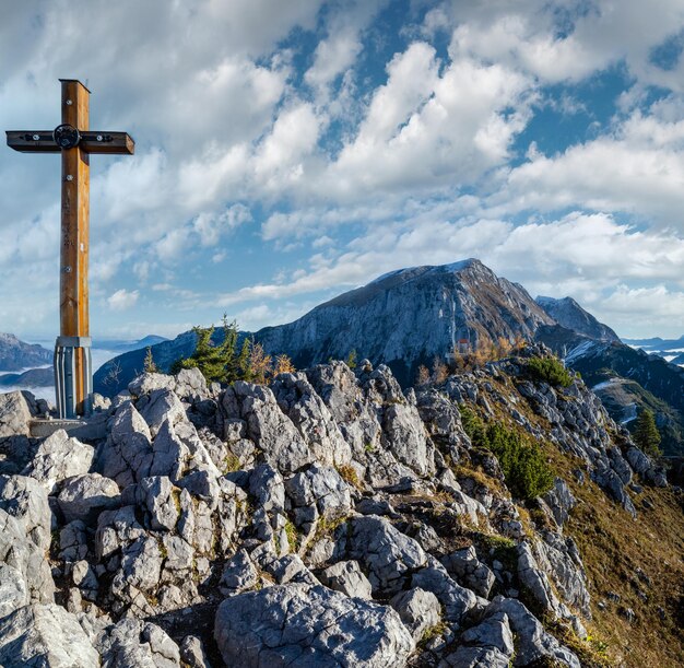 Autumn Alps mountain misty morning view from Jenner Viewing Platform Schonau am Konigssee Berchtesgaden national park Bavaria Germany