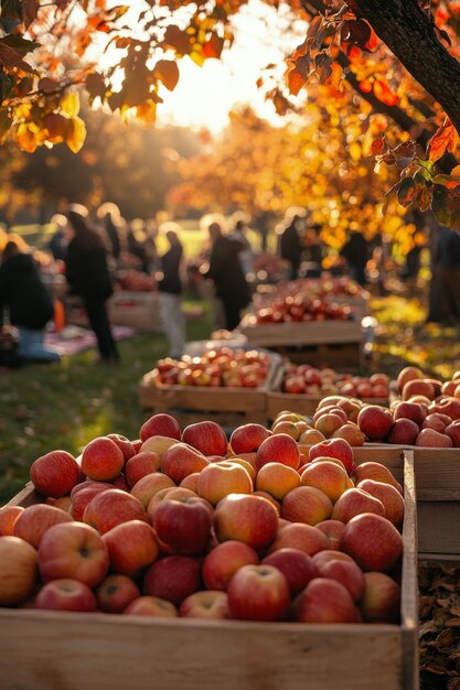 Photo autumn apple harvest festival with abundant fruit baskets under trees in a sunny orchard