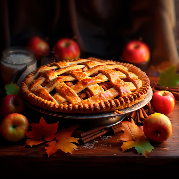 Autumn apple pie on a wooden table and apples around