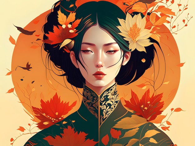 Autumn asian girl illustration