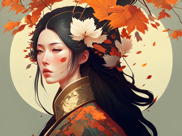 Autumn asian girl illustration