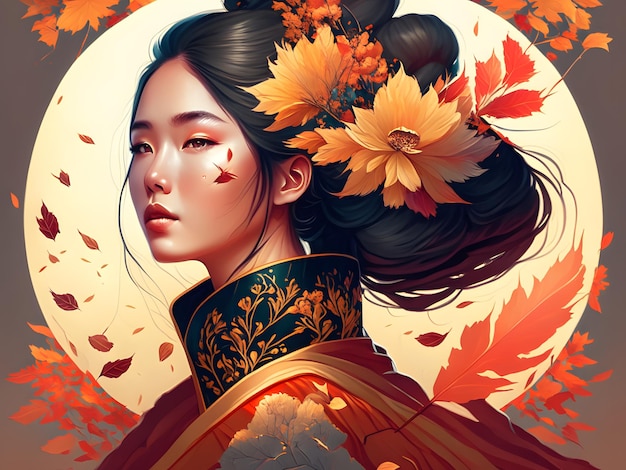 Autumn asian girl illustration