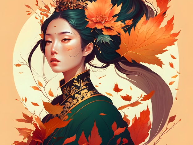 Autumn asian girl illustration