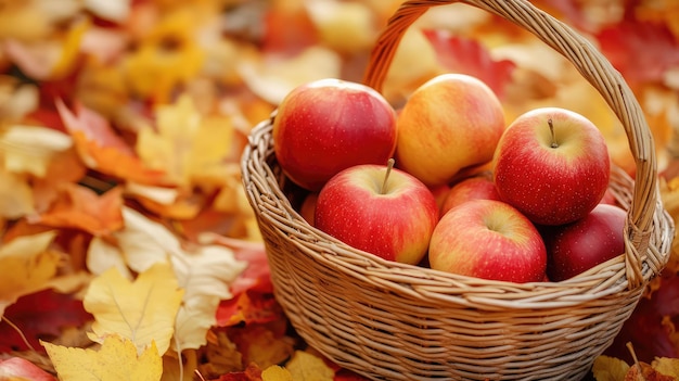 Autumn autumn apples in basket on background with copy space The generation of AI