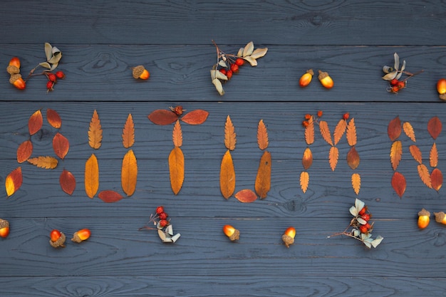 Autumn background autumn mood The inscription Autumn from the leaves on a dark wooden table Top view with copy space