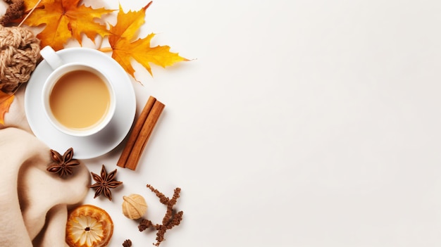 Autumn background cup of hot tea warm sweater autumn