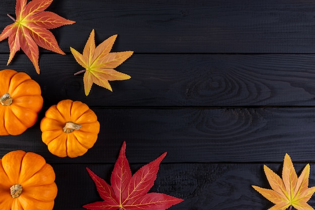 Autumn background decor from maple leaves and pumpkins on black wooden