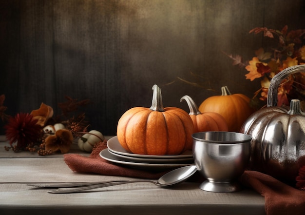 Autumn background decoration from dry leaves and pumpkin on dark wooden background Flat lay top view for Autumn fall Thanksgiving concept