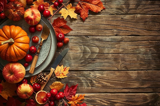 Photo autumn background from fallen leaves and fruits with vintage place setting on old wooden table thanksgiving day concept generative ai