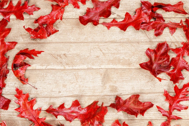 Autumn background of red oak leaves on a wooden surface of the original color.Red dried leaves on rustic surface.Autumn banner-mockup.Autumn sale.Background for Hallowen proect