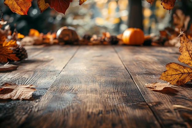 Autumn Background Rustic Wooden Table with Fall Leaves