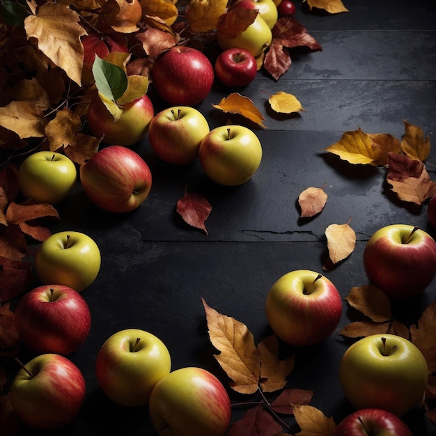 Autumn background with apples and leaves