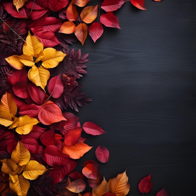 Autumn background with colored red leaves on background Top view copy space