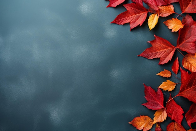 Autumn background with colored red leaves on blue slate background